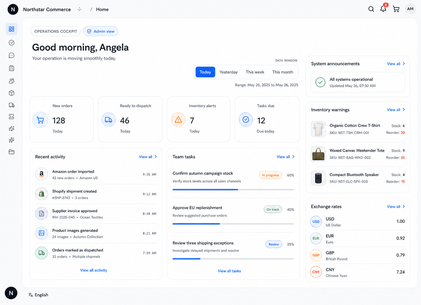 YiTaiCOS operations dashboard for the fictional Northstar Commerce workspace