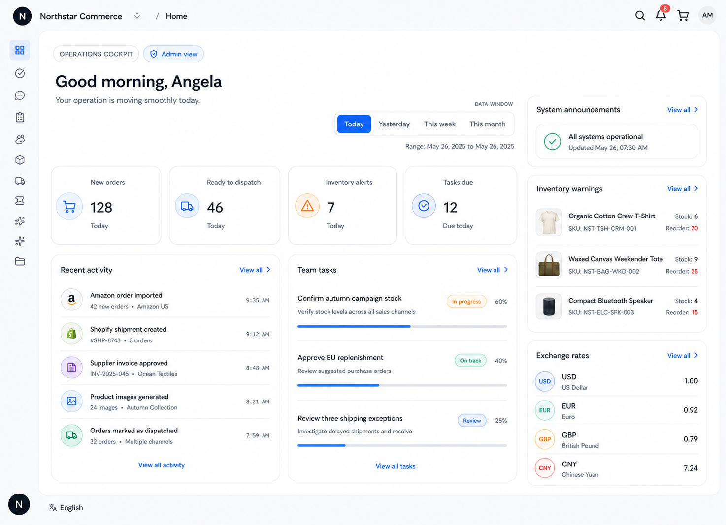 YiTaiCOS operations dashboard for the fictional Northstar Commerce workspace